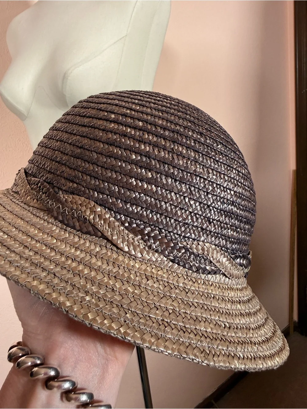 Vintage Italian Brandeis natural straw Grey tan Art deco short brim sun hat - Picture 11 of 17